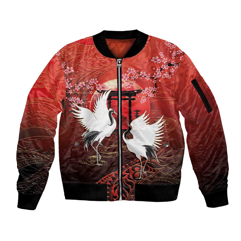 Hawaii and Japan Together Sleeve Zip Bomber Jacket Polynesian Art Tattoo With Cranes And Sakura - Polynesian Pride