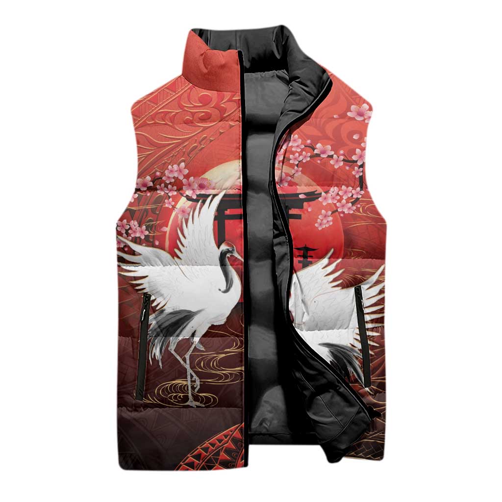 Hawaii and Japan Together Sleeveless Puffer Jacket Polynesian Art Tattoo With Cranes And Sakura - Polynesian Pride