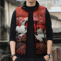 Hawaii and Japan Together Sleeveless Puffer Jacket Polynesian Art Tattoo With Cranes And Sakura - Polynesian Pride