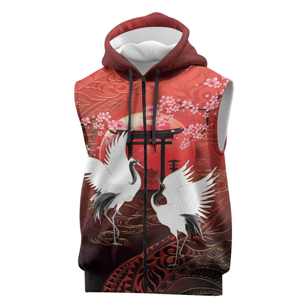 Hawaii and Japan Together Sleeveless Zip Hoodie Polynesian Art Tattoo With Cranes And Sakura - Polynesian Pride