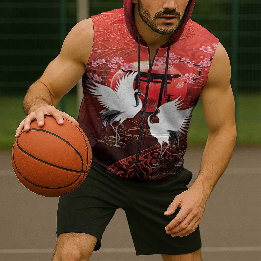 Hawaii and Japan Together Sleeveless Zip Hoodie Polynesian Art Tattoo With Cranes And Sakura - Polynesian Pride
