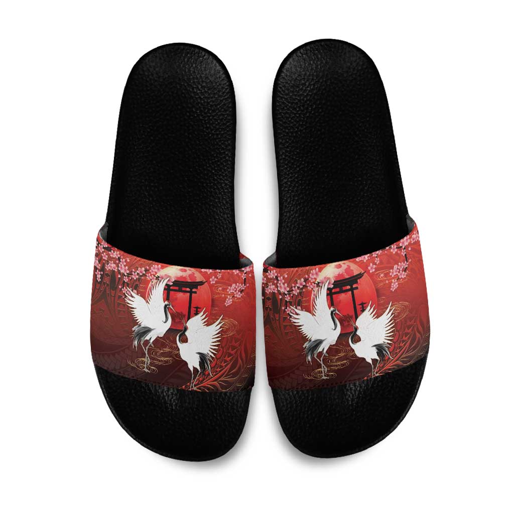 Hawaii and Japan Together Slide Sandals Polynesian Art Tattoo With Cranes And Sakura - Polynesian Pride