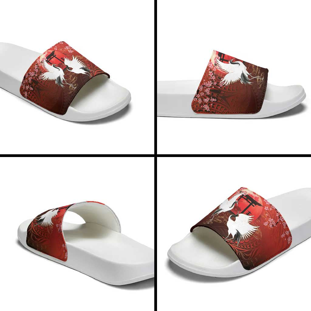 Hawaii and Japan Together Slide Sandals Polynesian Art Tattoo With Cranes And Sakura - Polynesian Pride