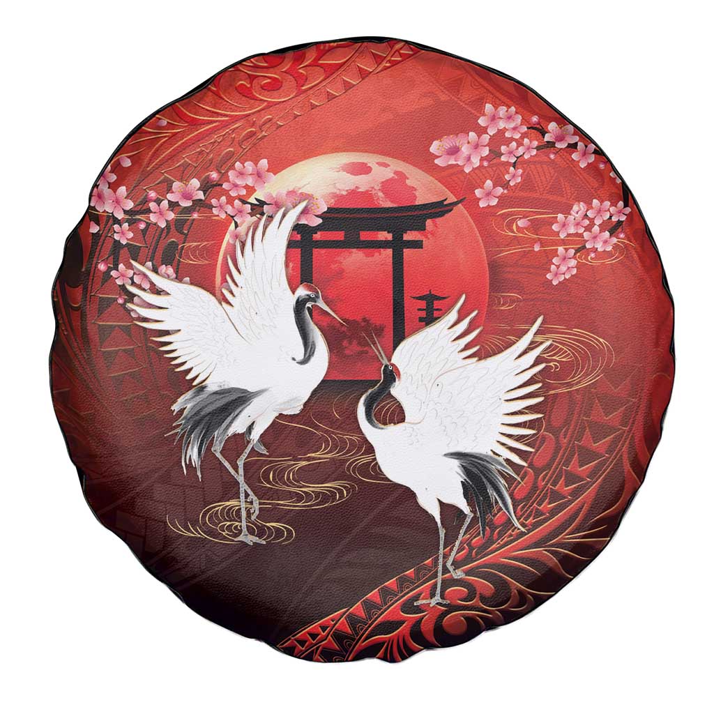 Hawaii and Japan Together Spare Tire Cover Polynesian Art Tattoo With Cranes And Sakura - Polynesian Pride