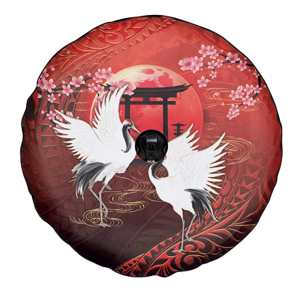 Hawaii and Japan Together Spare Tire Cover Polynesian Art Tattoo With Cranes And Sakura - Polynesian Pride