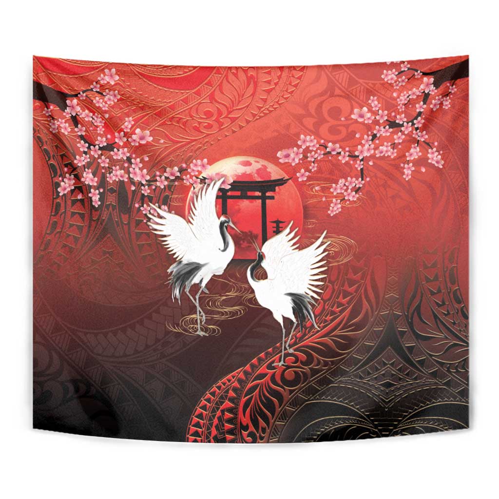 Hawaii and Japan Together Tapestry Polynesian Art Tattoo With Cranes And Sakura - Polynesian Pride