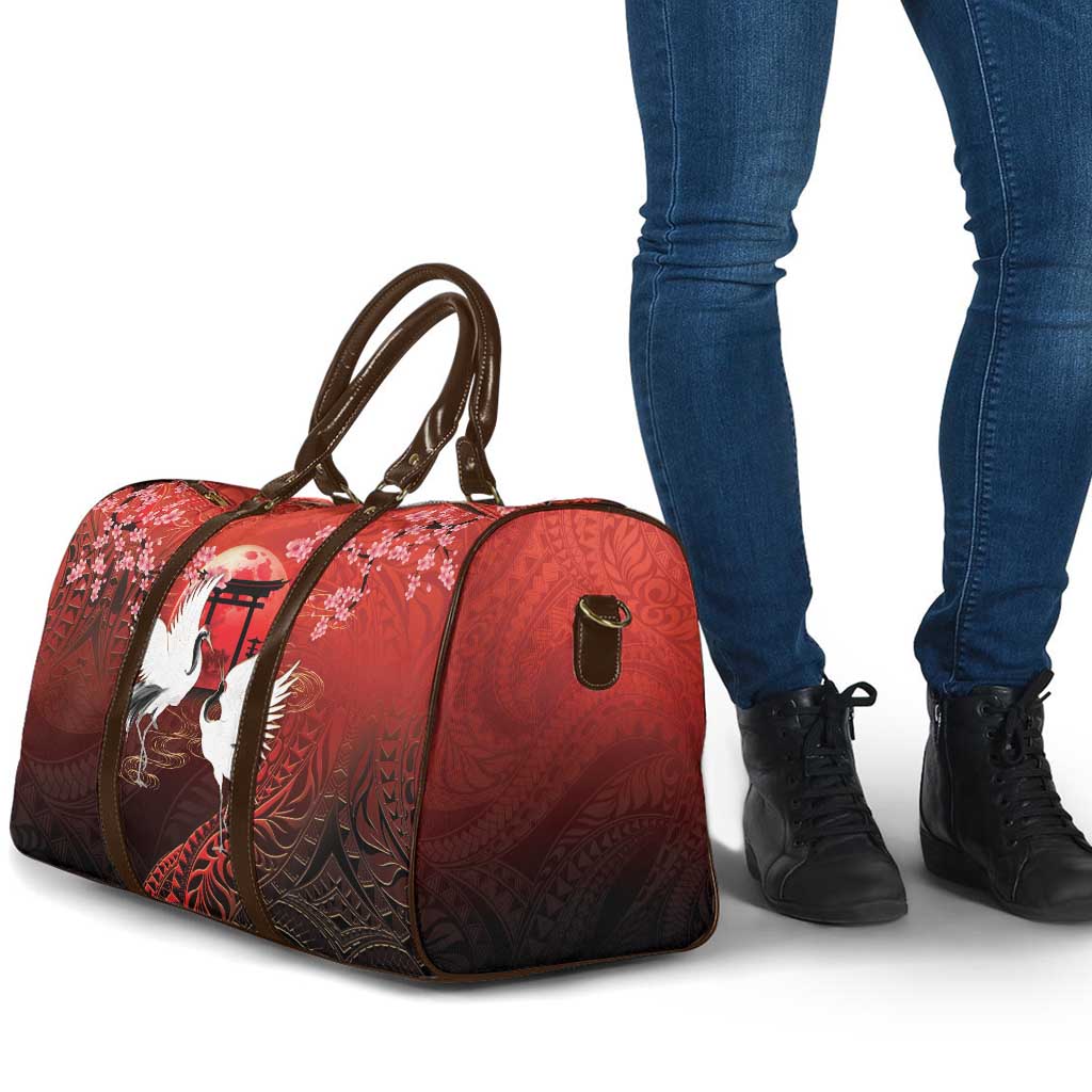 Hawaii and Japan Together Travel Bag Polynesian Art Tattoo With Cranes And Sakura - Polynesian Pride
