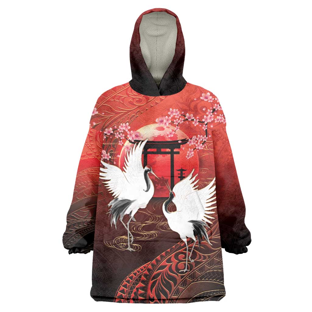 Hawaii and Japan Together Wearable Blanket Hoodie Polynesian Art Tattoo With Cranes And Sakura - Polynesian Pride