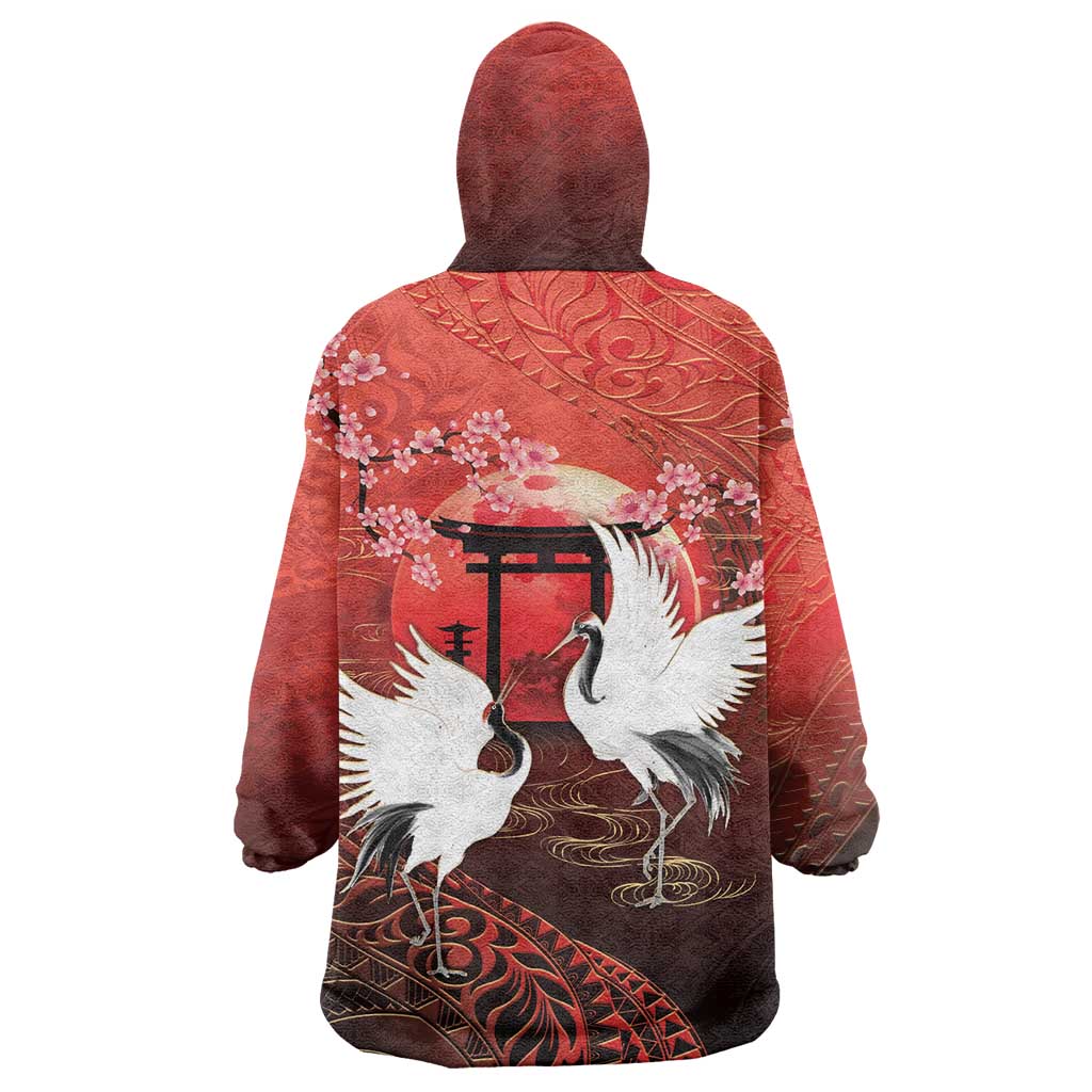 Hawaii and Japan Together Wearable Blanket Hoodie Polynesian Art Tattoo With Cranes And Sakura - Polynesian Pride
