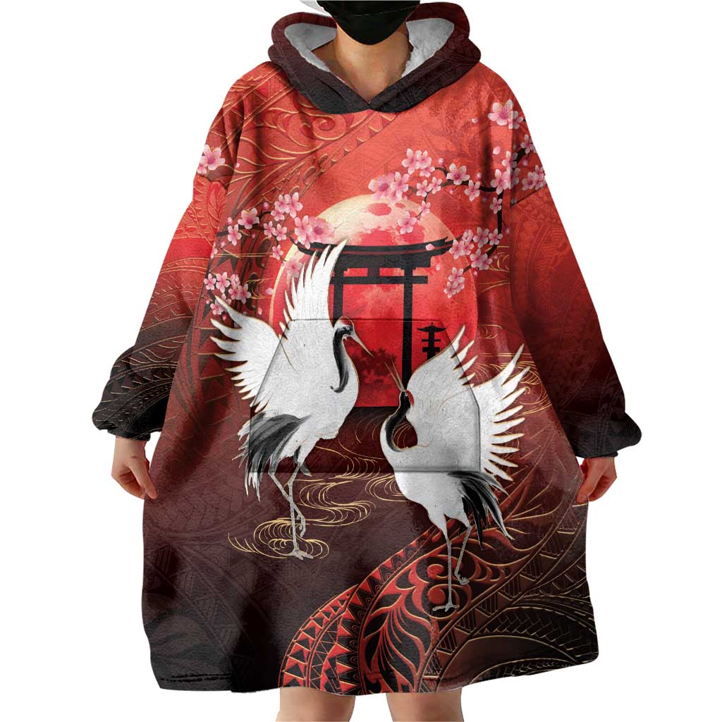 Hawaii and Japan Together Wearable Blanket Hoodie Polynesian Art Tattoo With Cranes And Sakura - Polynesian Pride