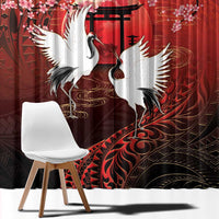 Hawaii and Japan Together Window Curtain Polynesian Art Tattoo With Cranes And Sakura - Polynesian Pride