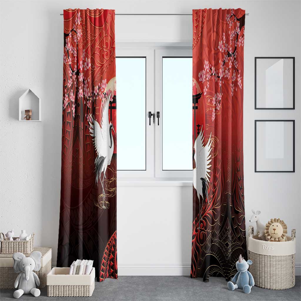Hawaii and Japan Together Window Curtain Polynesian Art Tattoo With Cranes And Sakura - Polynesian Pride