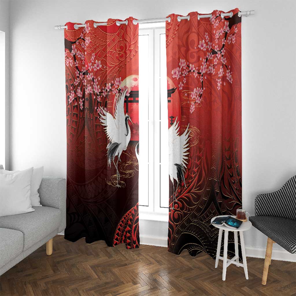 Hawaii and Japan Together Window Curtain Polynesian Art Tattoo With Cranes And Sakura - Polynesian Pride