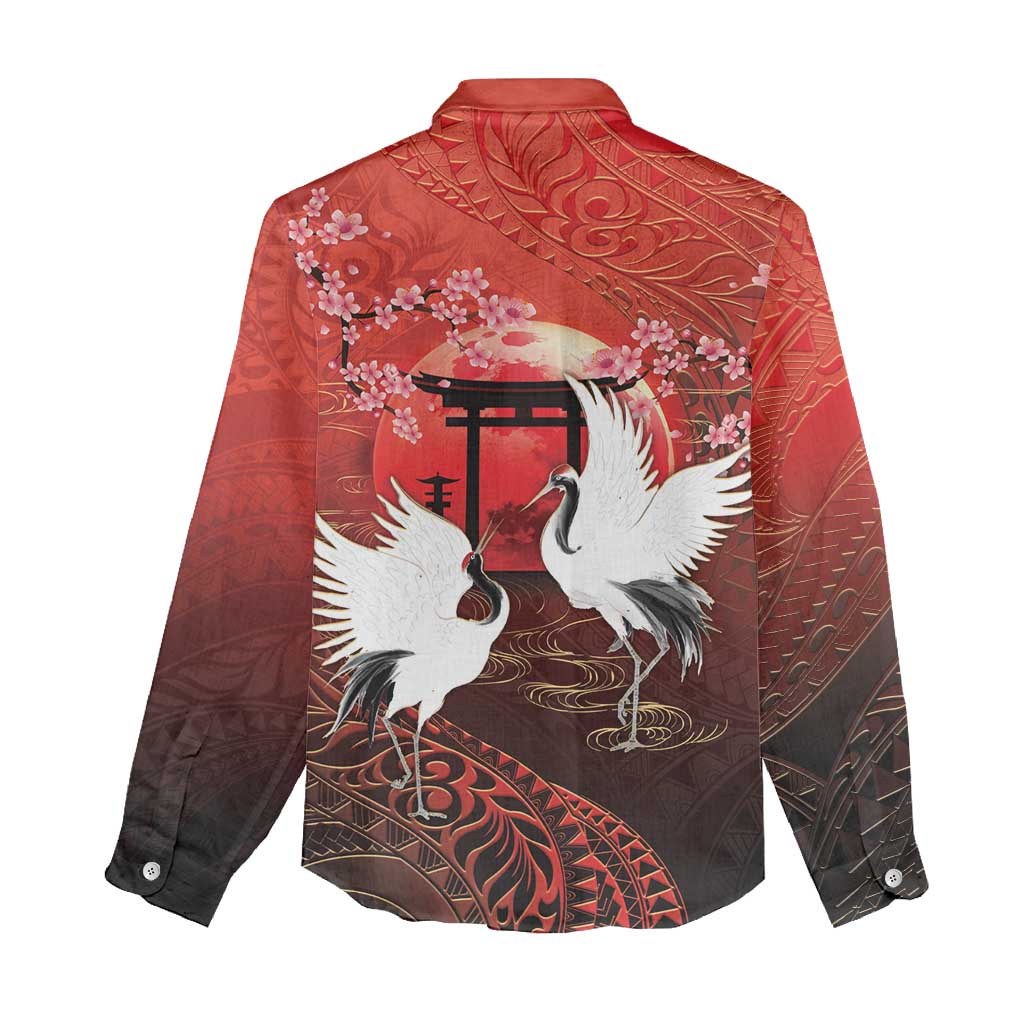 Hawaii and Japan Together Women Casual Shirt Polynesian Art Tattoo With Cranes And Sakura - Polynesian Pride
