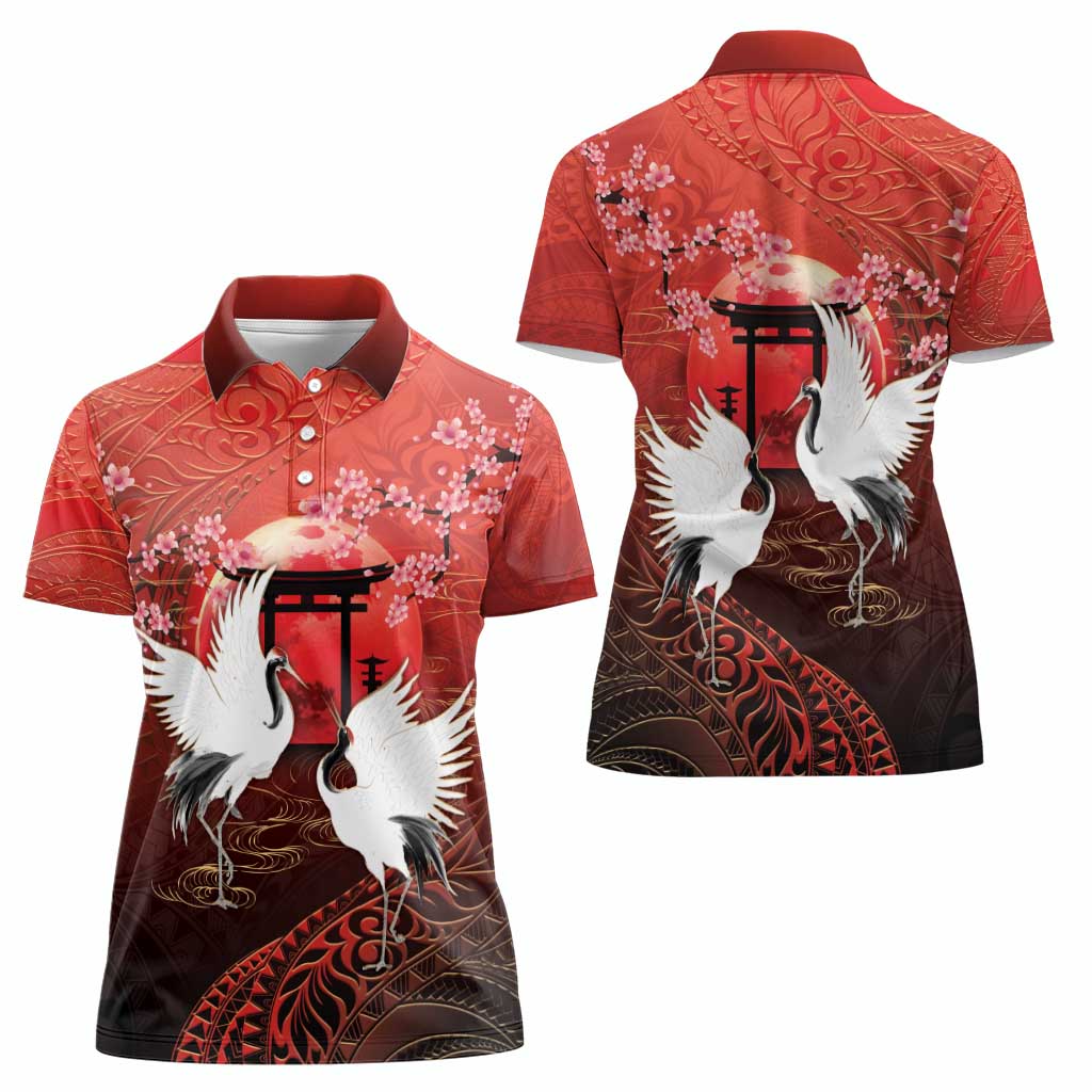 Hawaii and Japan Together Women Polo Shirt Polynesian Art Tattoo With Cranes And Sakura - Polynesian Pride