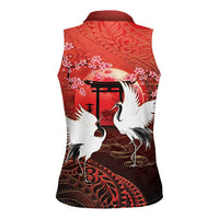 Hawaii and Japan Together Women Sleeveless Polo Shirt Polynesian Art Tattoo With Cranes And Sakura - Polynesian Pride