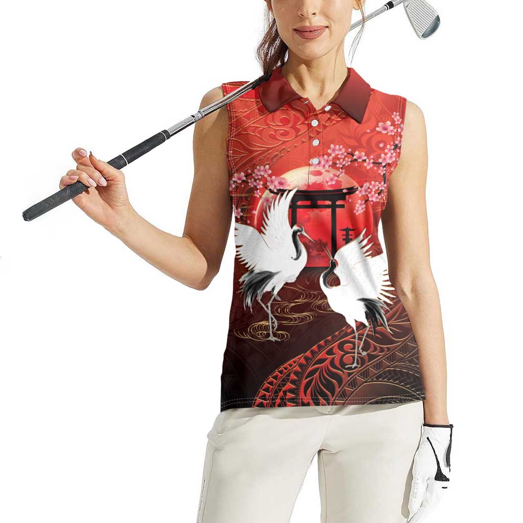 Hawaii and Japan Together Women Sleeveless Polo Shirt Polynesian Art Tattoo With Cranes And Sakura - Polynesian Pride