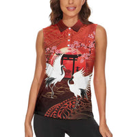 Hawaii and Japan Together Women Sleeveless Polo Shirt Polynesian Art Tattoo With Cranes And Sakura - Polynesian Pride
