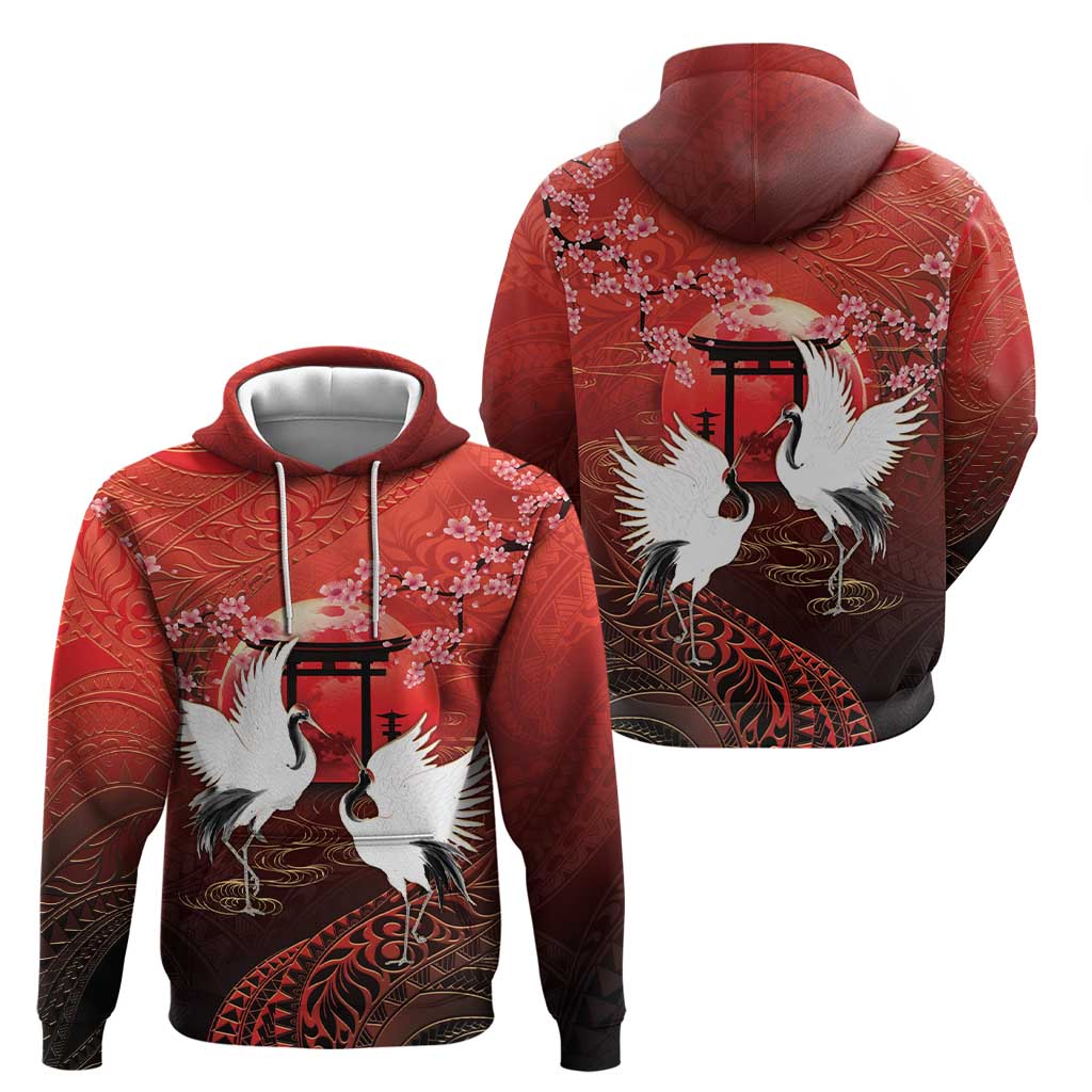 Hawaii and Japan Together Zip Hoodie Polynesian Art Tattoo With Cranes And Sakura - Polynesian Pride