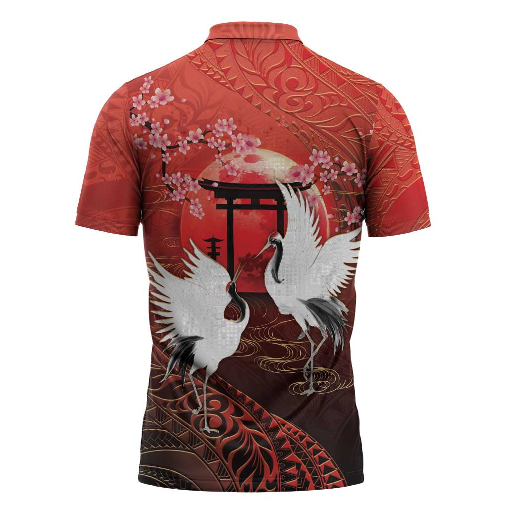 Hawaii and Japan Together Zipper Polo Shirt Polynesian Art Tattoo With Cranes And Sakura - Polynesian Pride
