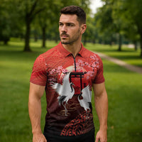 Hawaii and Japan Together Zipper Polo Shirt Polynesian Art Tattoo With Cranes And Sakura - Polynesian Pride