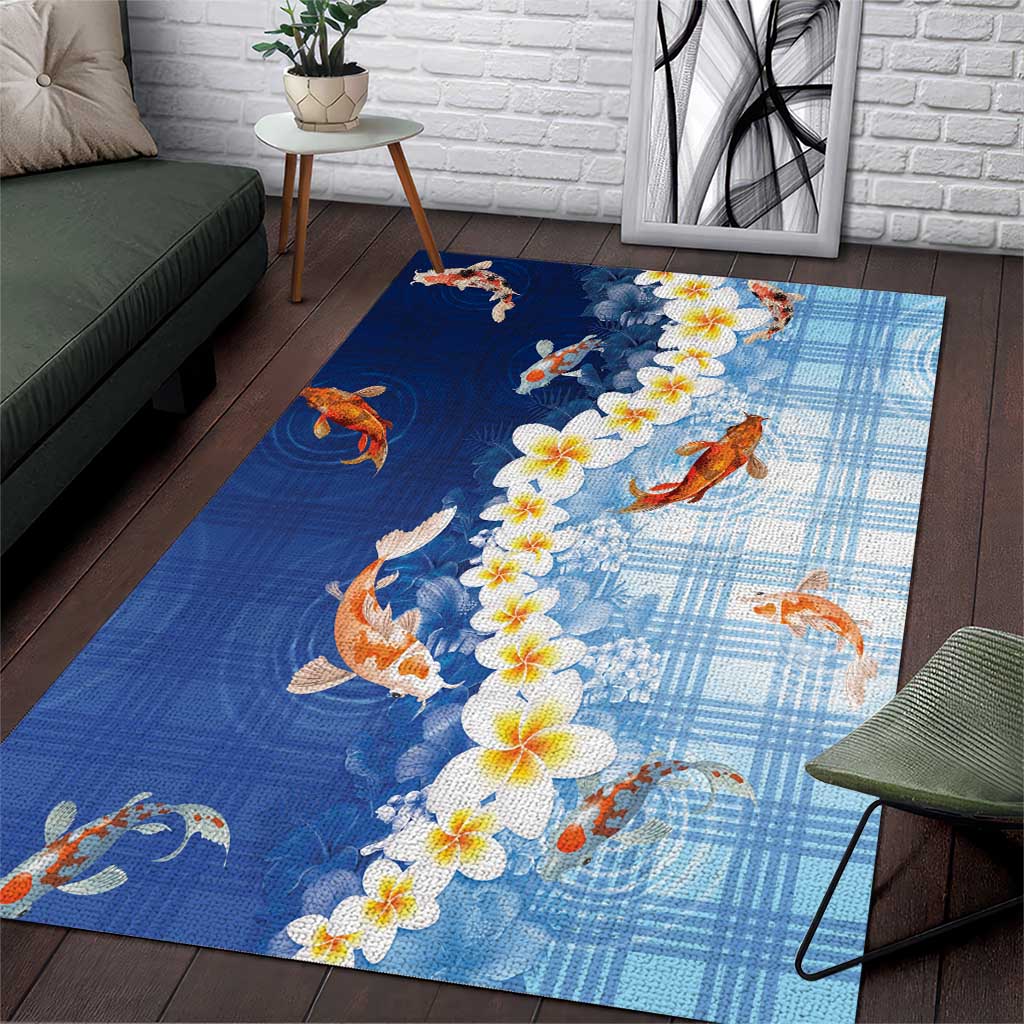 Hawaii And Japan Area Rug Plumeria Lei With Koi Fish Blue - Polynesian Pride