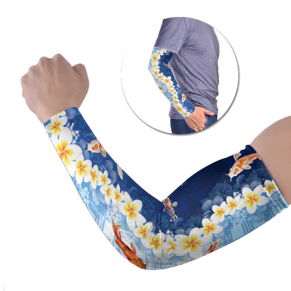 Hawaii And Japan Arm Sleeves Plumeria Lei With Koi Fish Blue - Polynesian Pride