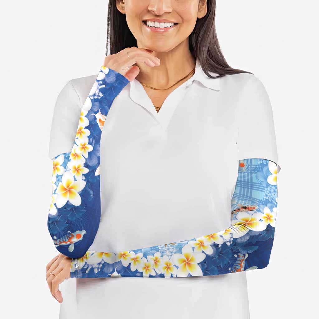 Hawaii And Japan Arm Sleeves Plumeria Lei With Koi Fish Blue - Polynesian Pride