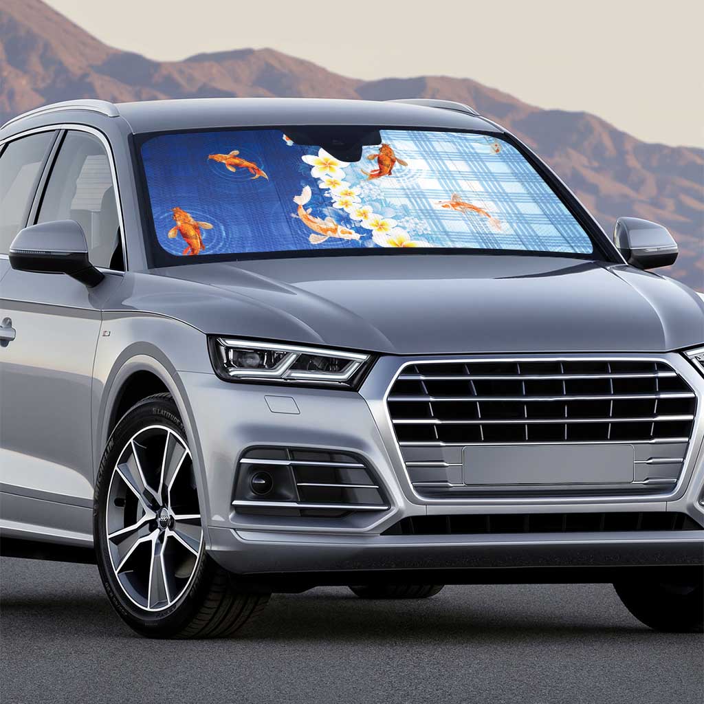 Hawaii And Japan Auto Sun Shade Plumeria Lei With Koi Fish Blue - Polynesian Pride