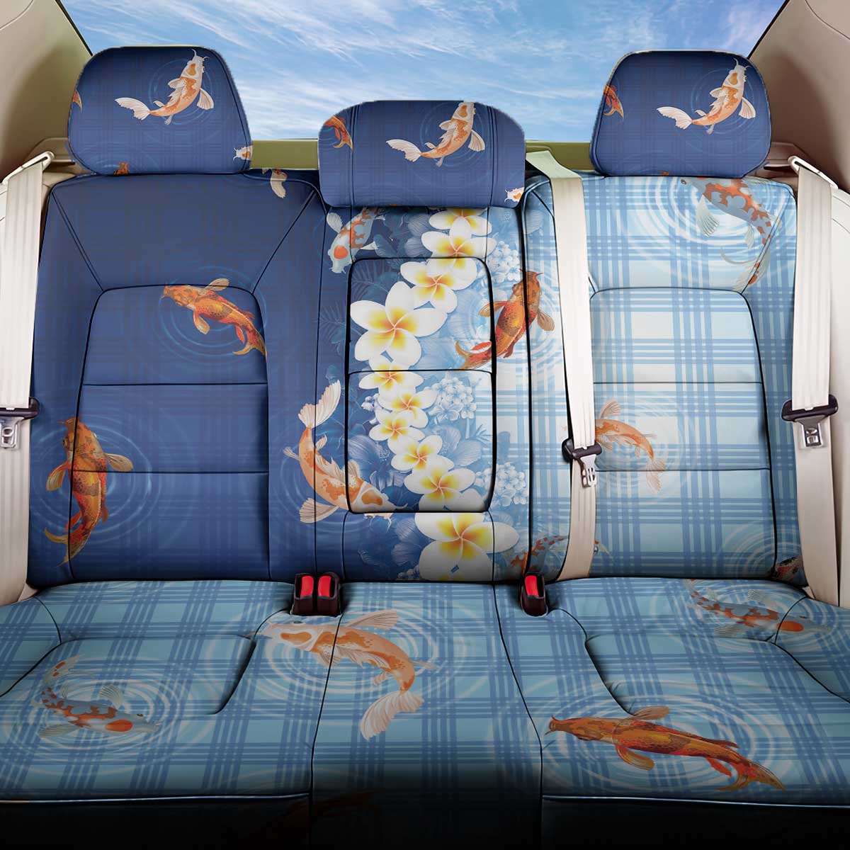 Hawaii And Japan Back Car Seat Cover Plumeria Lei With Koi Fish Blue - Polynesian Pride