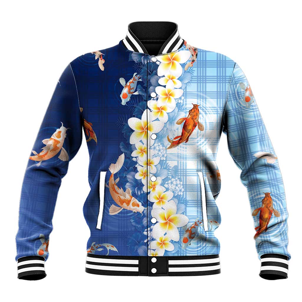 Hawaii And Japan Baseball Jacket Plumeria Lei With Koi Fish Blue - Polynesian Pride
