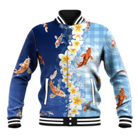 Hawaii And Japan Baseball Jacket Plumeria Lei With Koi Fish Blue - Polynesian Pride