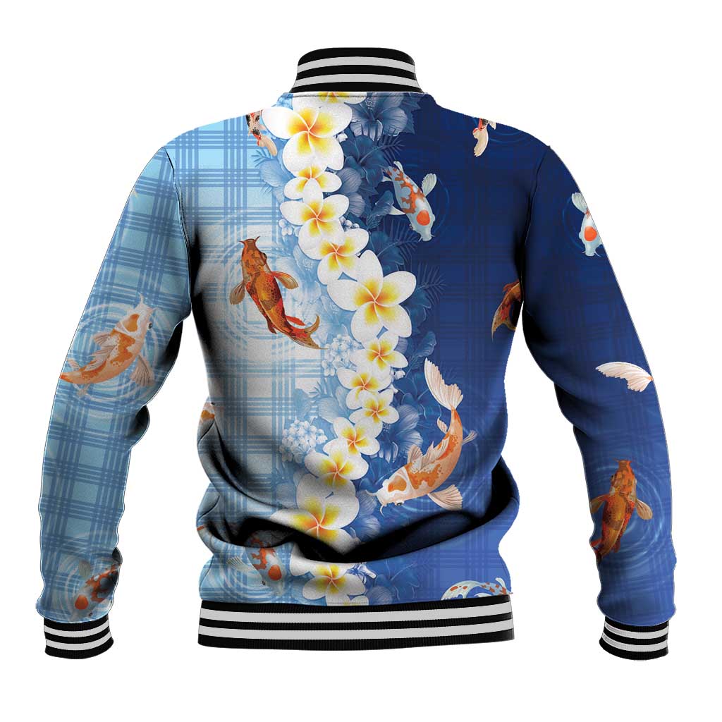 Hawaii And Japan Baseball Jacket Plumeria Lei With Koi Fish Blue - Polynesian Pride