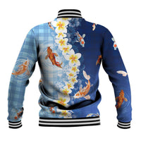 Hawaii And Japan Baseball Jacket Plumeria Lei With Koi Fish Blue - Polynesian Pride