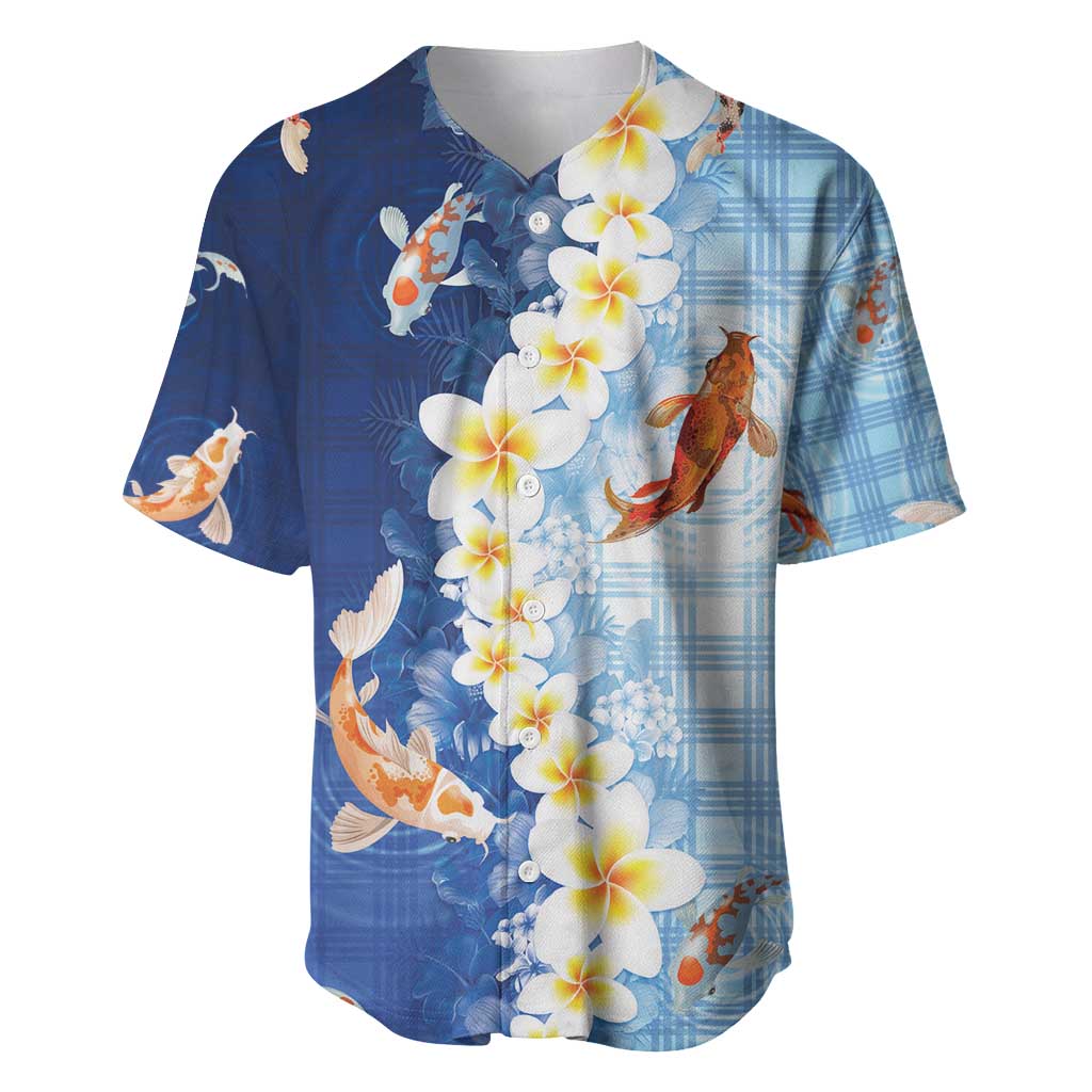 Hawaii And Japan Baseball Jersey Plumeria Lei With Koi Fish Blue - Polynesian Pride