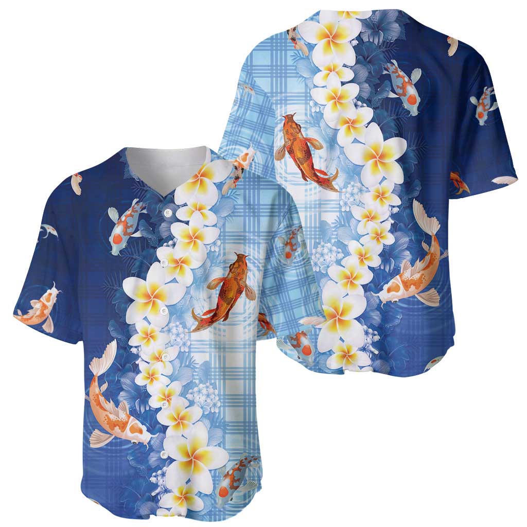 Hawaii And Japan Baseball Jersey Plumeria Lei With Koi Fish Blue - Polynesian Pride