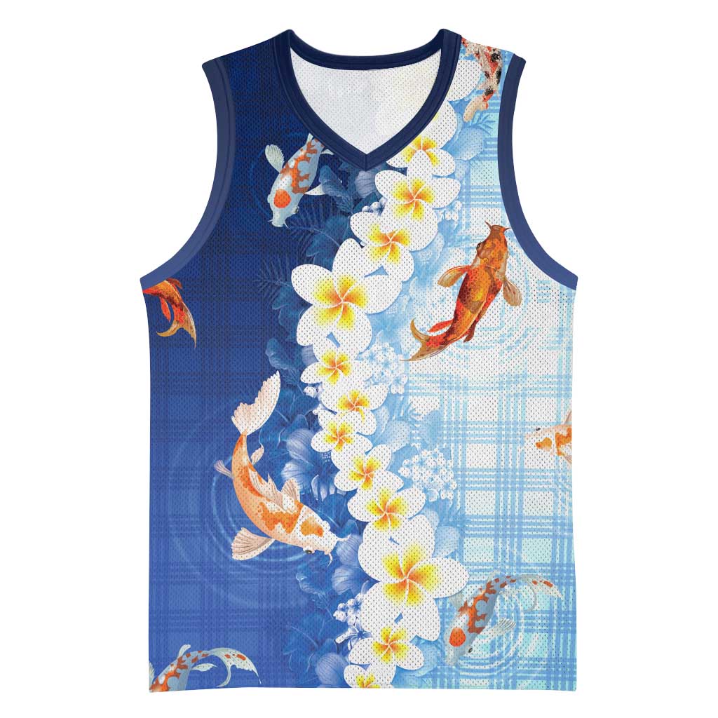 Hawaii And Japan Basketball Jersey Plumeria Lei With Koi Fish Blue - Polynesian Pride