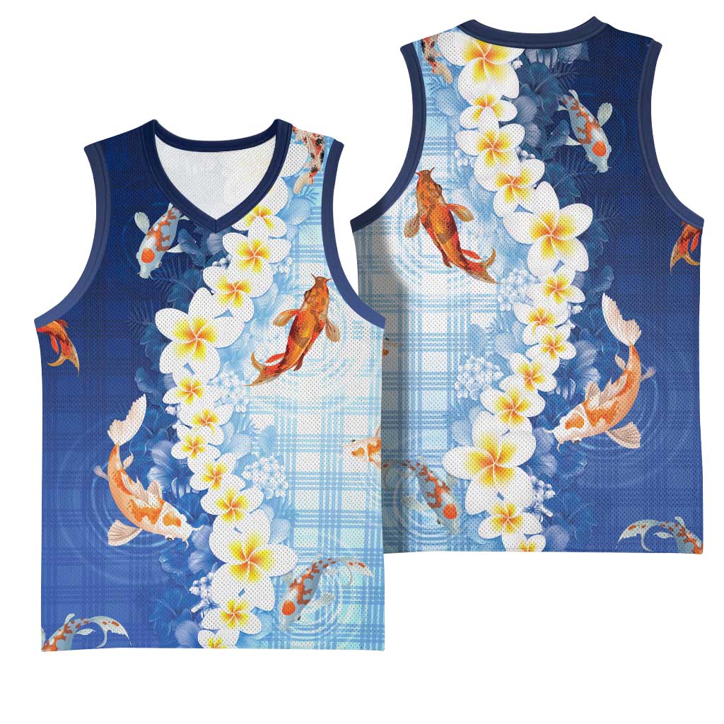 Hawaii And Japan Basketball Jersey Plumeria Lei With Koi Fish Blue - Polynesian Pride