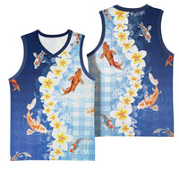 Hawaii And Japan Basketball Jersey Plumeria Lei With Koi Fish Blue - Polynesian Pride