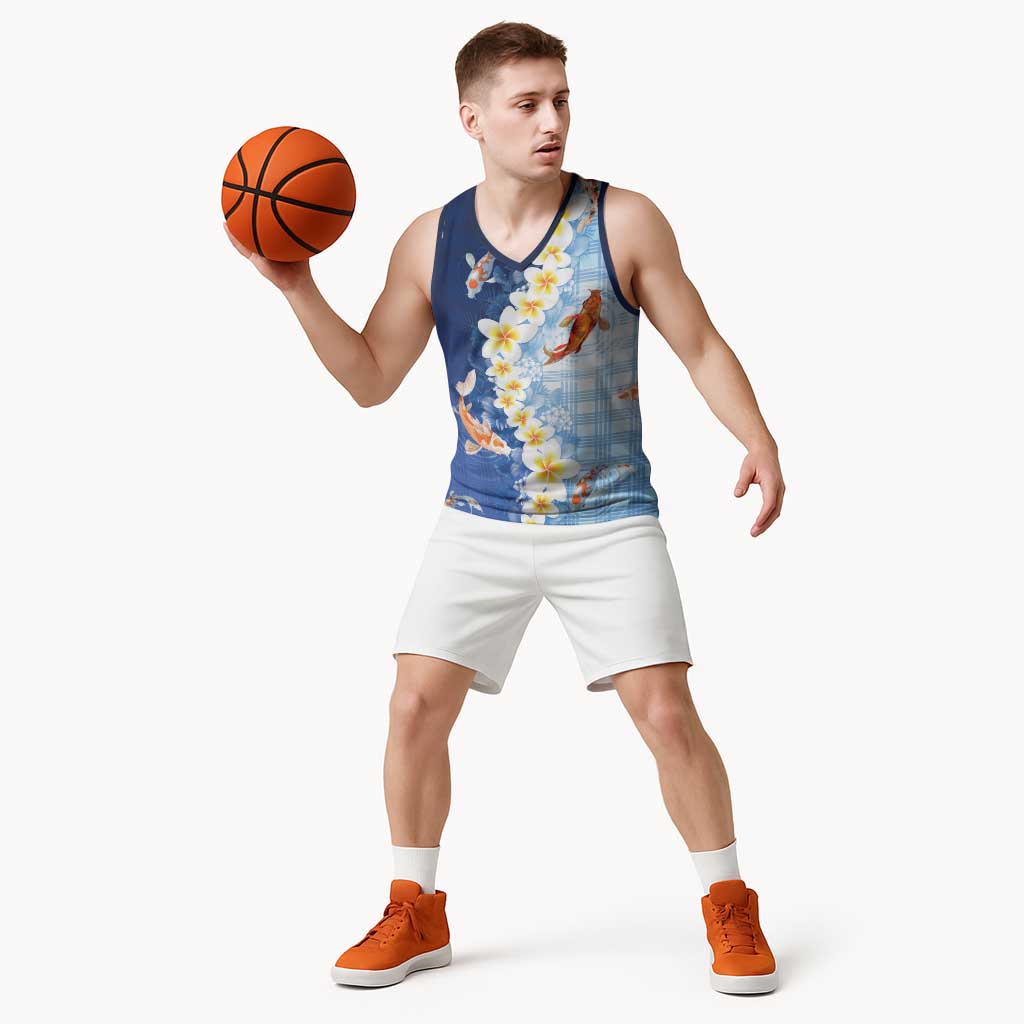 Hawaii And Japan Basketball Jersey Plumeria Lei With Koi Fish Blue - Polynesian Pride