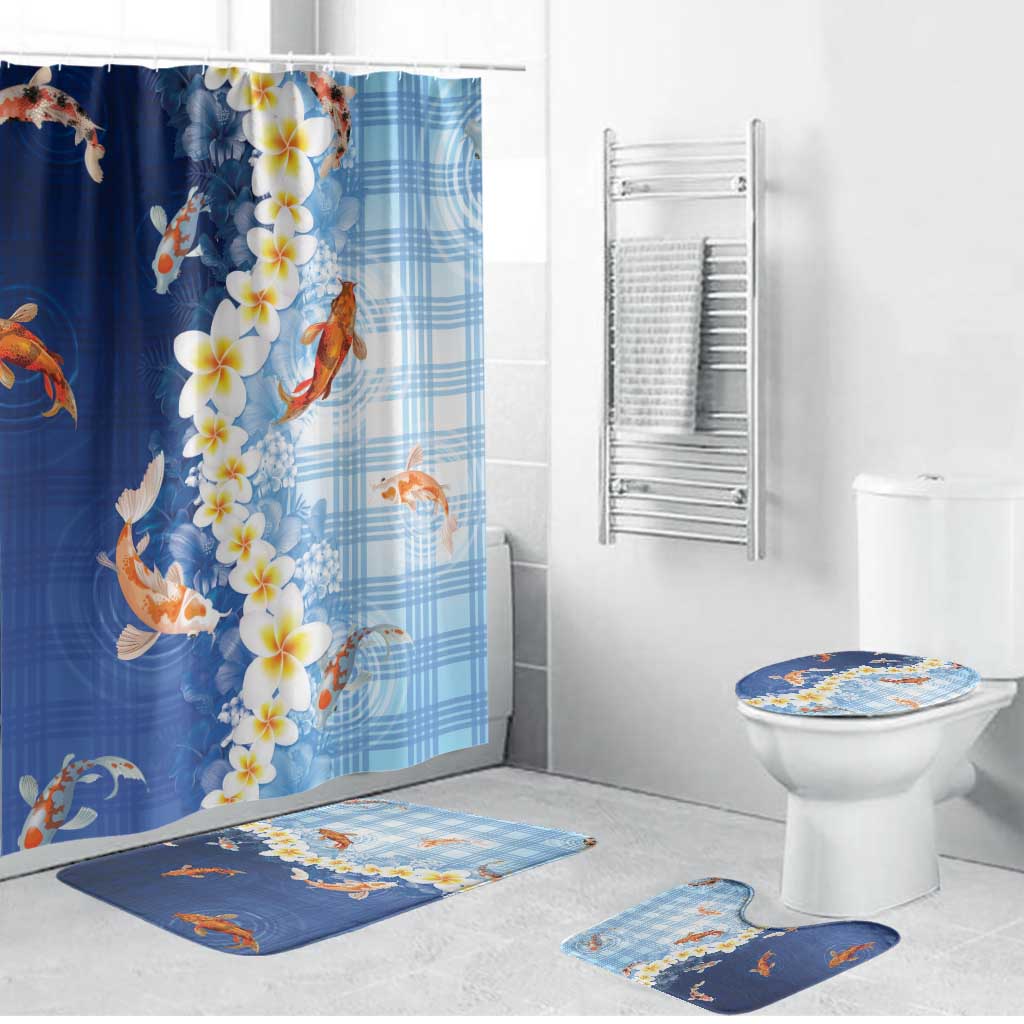 Hawaii And Japan Bathroom Set Plumeria Lei With Koi Fish Blue - Polynesian Pride