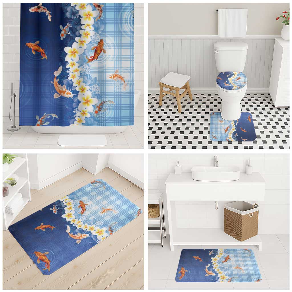 Hawaii And Japan Bathroom Set Plumeria Lei With Koi Fish Blue - Polynesian Pride