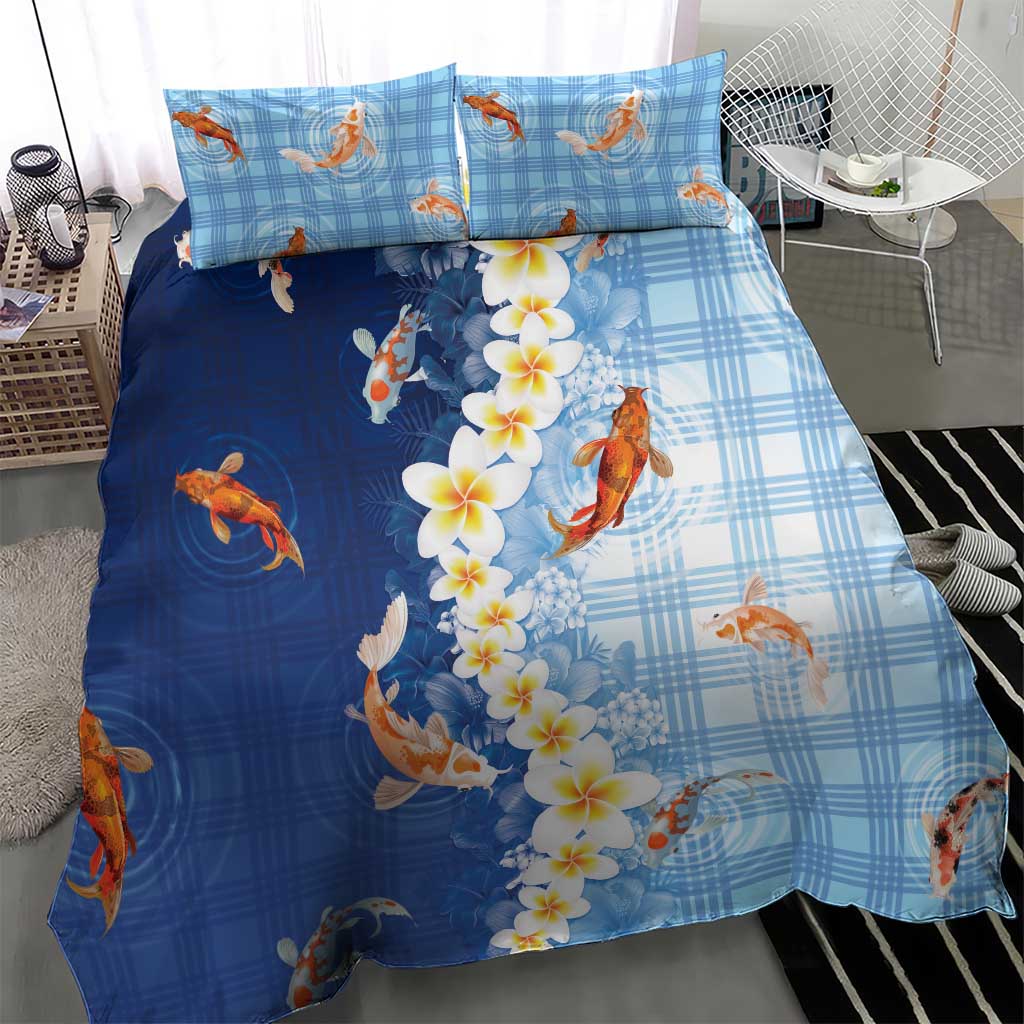 Hawaii And Japan Bedding Set Plumeria Lei With Koi Fish Blue - Polynesian Pride