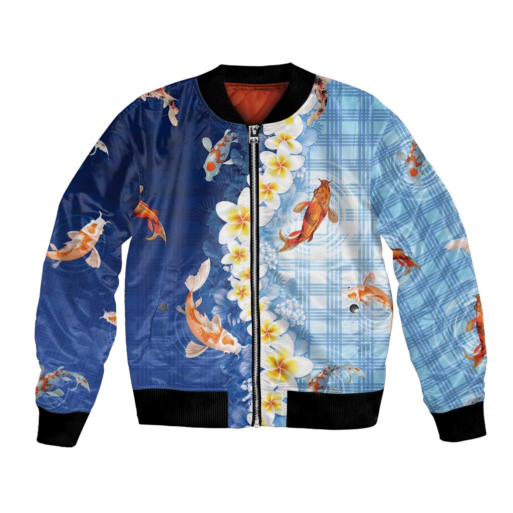 Hawaii And Japan Bomber Jacket Plumeria Lei With Koi Fish Blue - Polynesian Pride