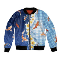 Hawaii And Japan Bomber Jacket Plumeria Lei With Koi Fish Blue - Polynesian Pride