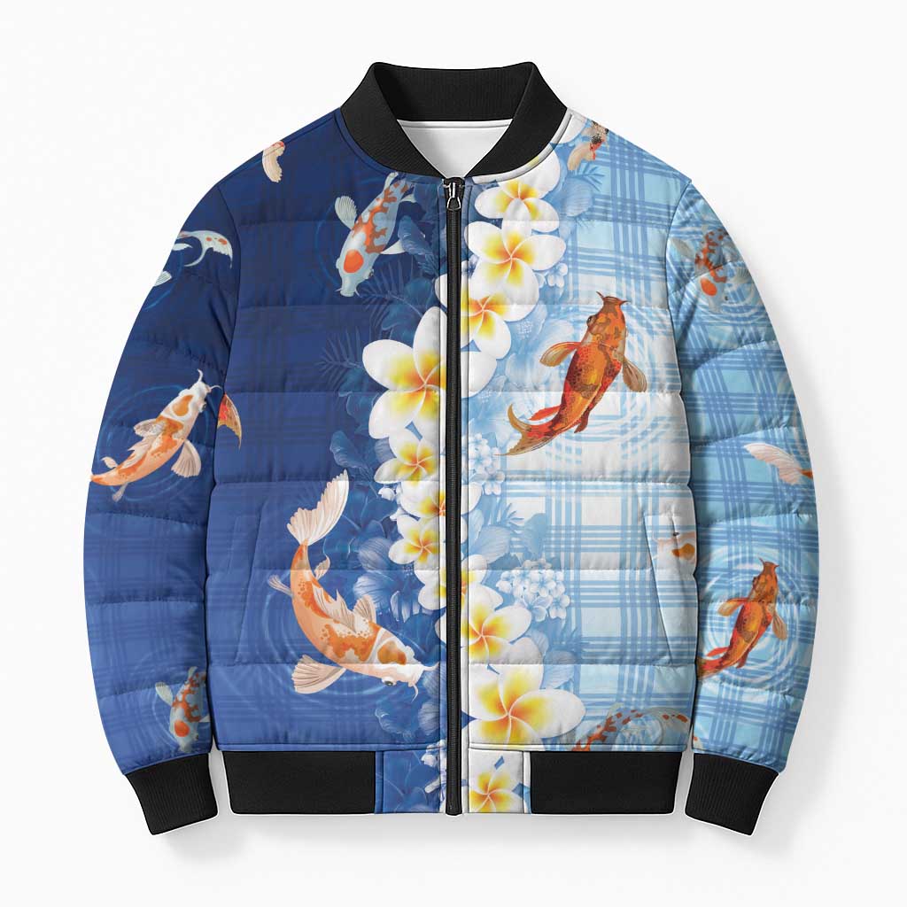 Hawaii And Japan Bomber Puffer Jacket Plumeria Lei With Koi Fish Blue - Polynesian Pride