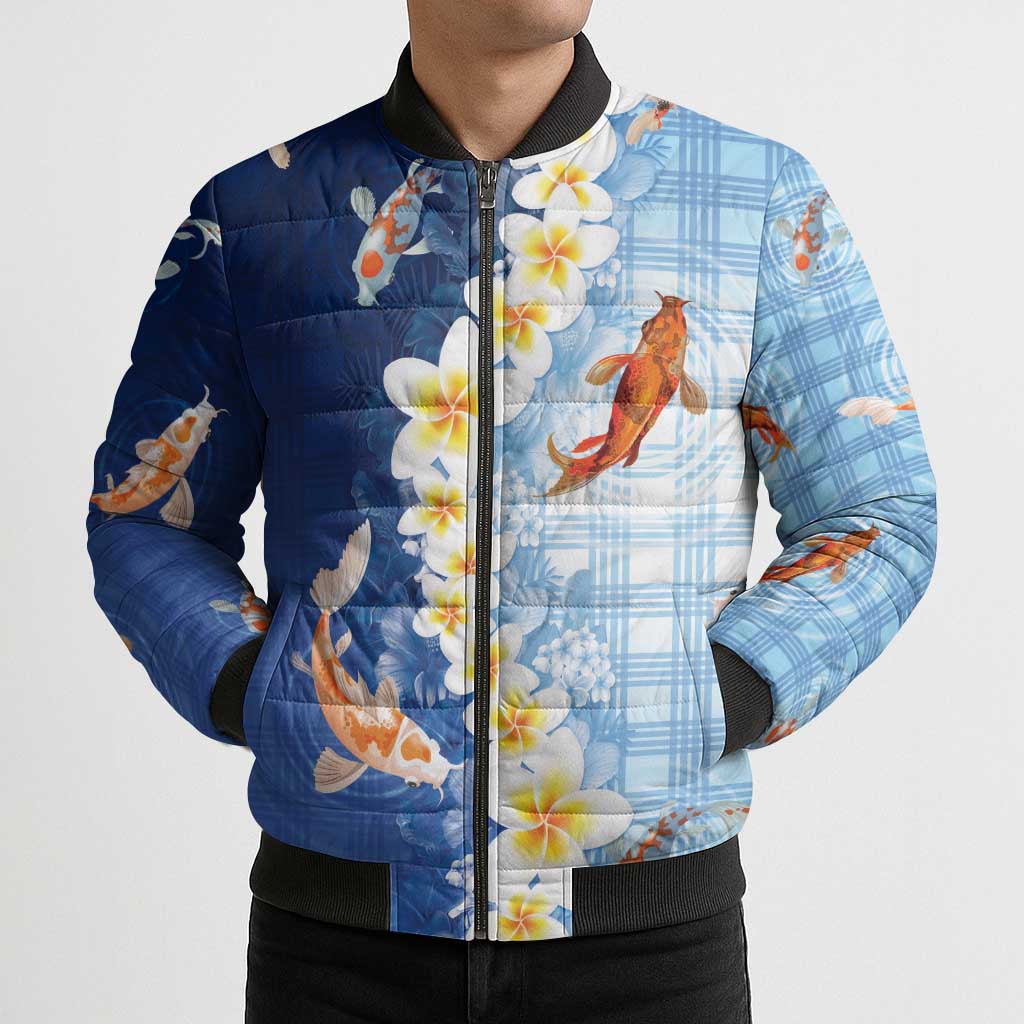 Hawaii And Japan Bomber Puffer Jacket Plumeria Lei With Koi Fish Blue - Polynesian Pride