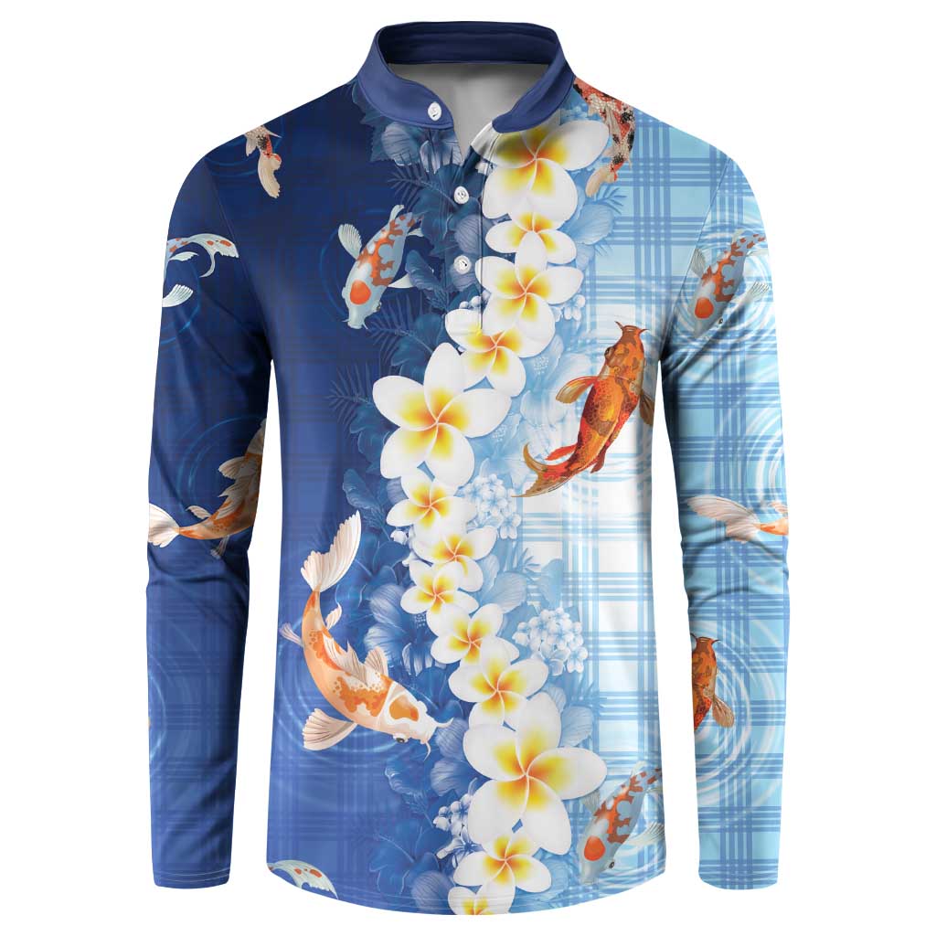 Hawaii And Japan Button Sweatshirt Plumeria Lei With Koi Fish Blue - Polynesian Pride