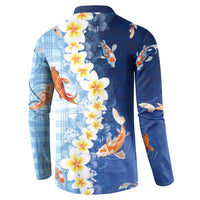 Hawaii And Japan Button Sweatshirt Plumeria Lei With Koi Fish Blue - Polynesian Pride