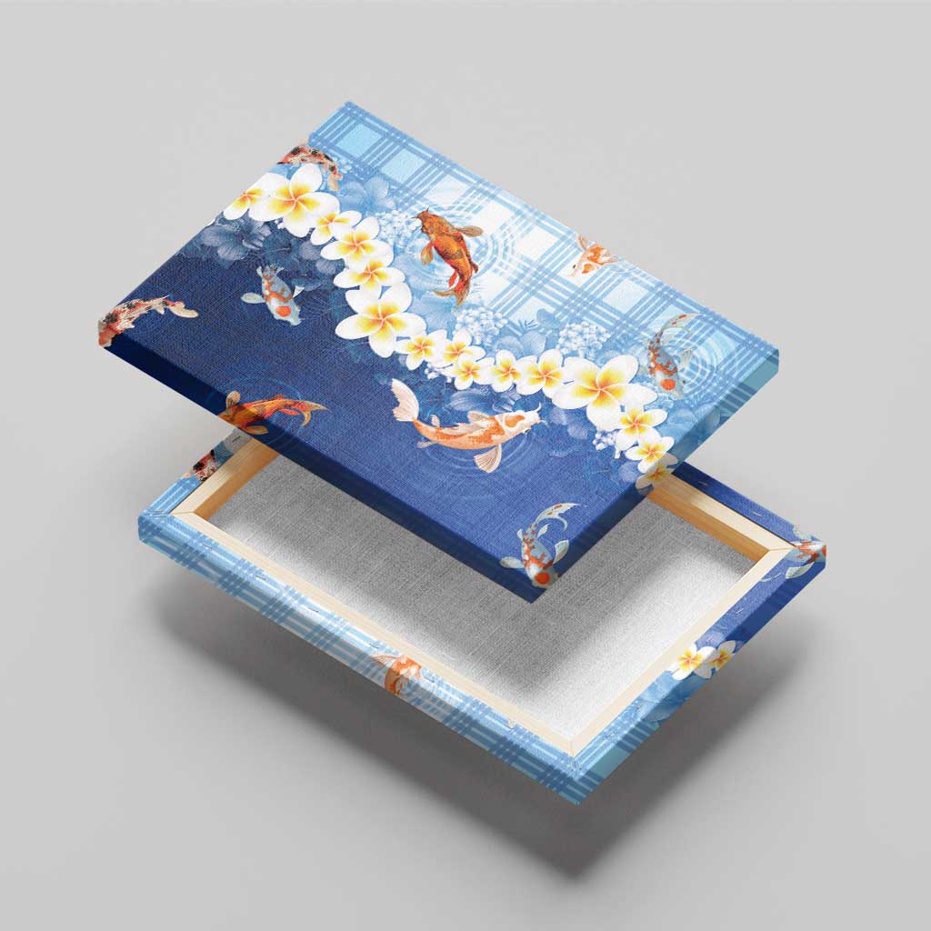 Hawaii And Japan Canvas Wall Art Plumeria Lei With Koi Fish Blue - Polynesian Pride